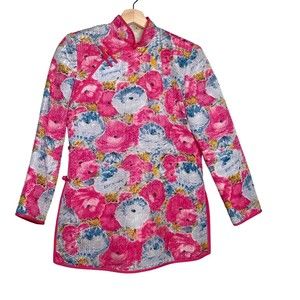 Asian Handmade Floral Chinese Collar Jacket Women's Size S Pink Long Sleeve